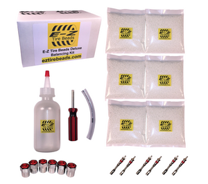 E-Z Tire Beads - Deluxe Balancing Kit 6 bags of 5 oz = 30 Ounces Total, Filtered Valve Cores, Chrome Caps