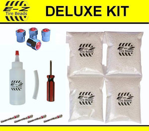 E-Z Tire Balance Beads Deluxe Kit 6 oz Four-Pack (4 bags of 6 oz Balancing Beads) 24 Ounces Total, Applicator Kit, Filtered Valve Cores, Chrome Caps, No Lead, No Damage, DIY Tire Balance