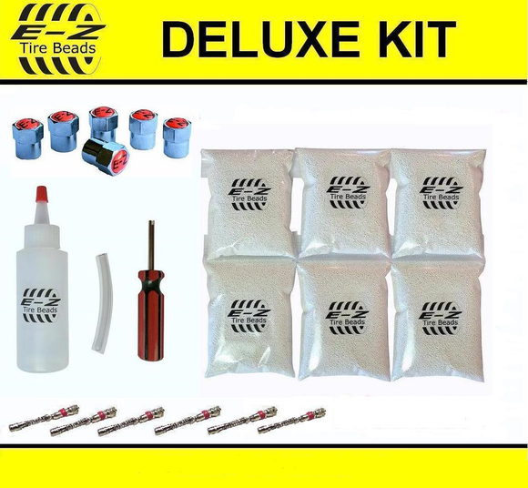 E-Z Tire Beads - Deluxe Balancing Kit 6 bags of 8 oz = 48 Ounces Total, Filtered Valve Cores, Chrome Caps